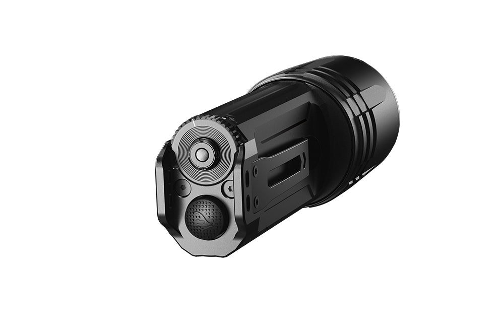 Fenix TK35UE V2.0 tactical flashlight emitting 5000 lumens, showcasing its sleek design and powerful beam.
