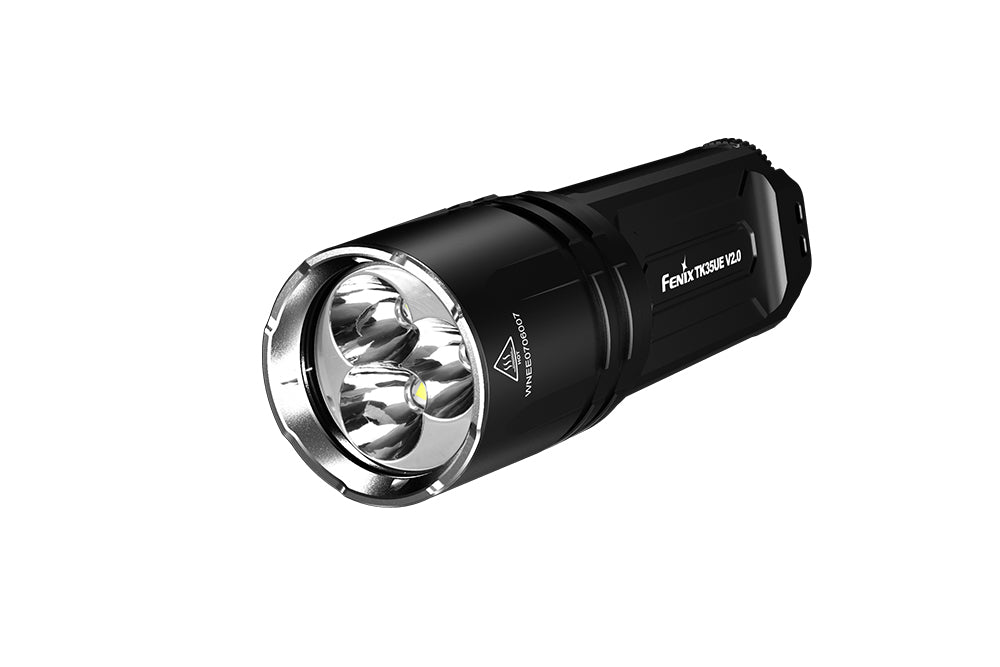 Fenix TK35UE V2.0 tactical flashlight with bright 5000 lumens, showcasing its robust design and multiple lighting modes.