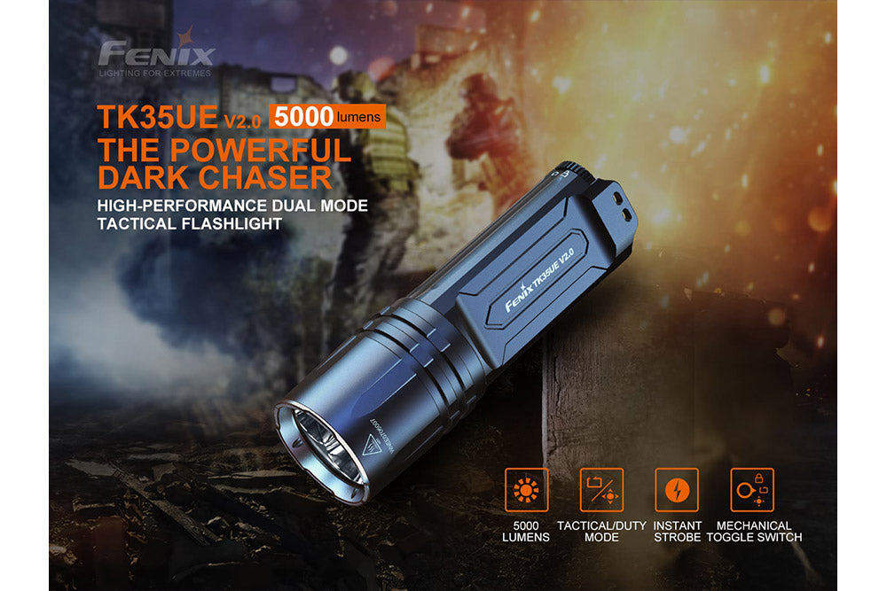 Fenix TK35UE V2.0 tactical flashlight with 5000 lumens, showcasing its robust design and bright beam.