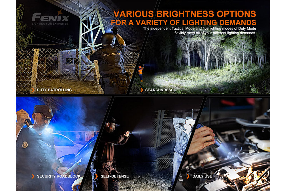Fenix TK35UE V2.0 tactical flashlight, showcasing a powerful 5000 lumens beam and durable design.