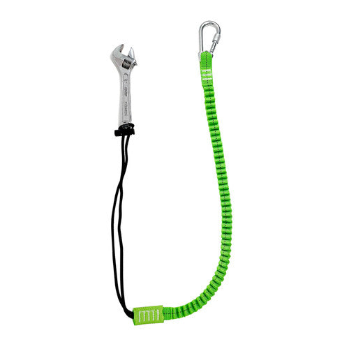VM Hardware Frontline TLS15 ToolGrip elastic tool tether with steel turn lock carabiner, designed for work safety harnesses.