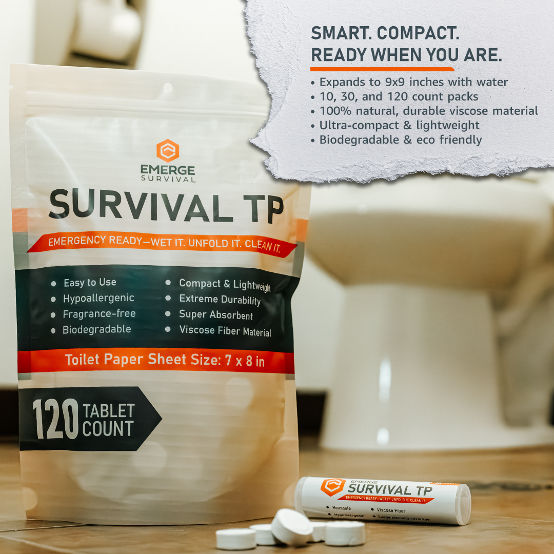 Emerge Survival toilet paper roll, durable and soft, suitable for emergency or outdoor survival situations, white tissue paper.