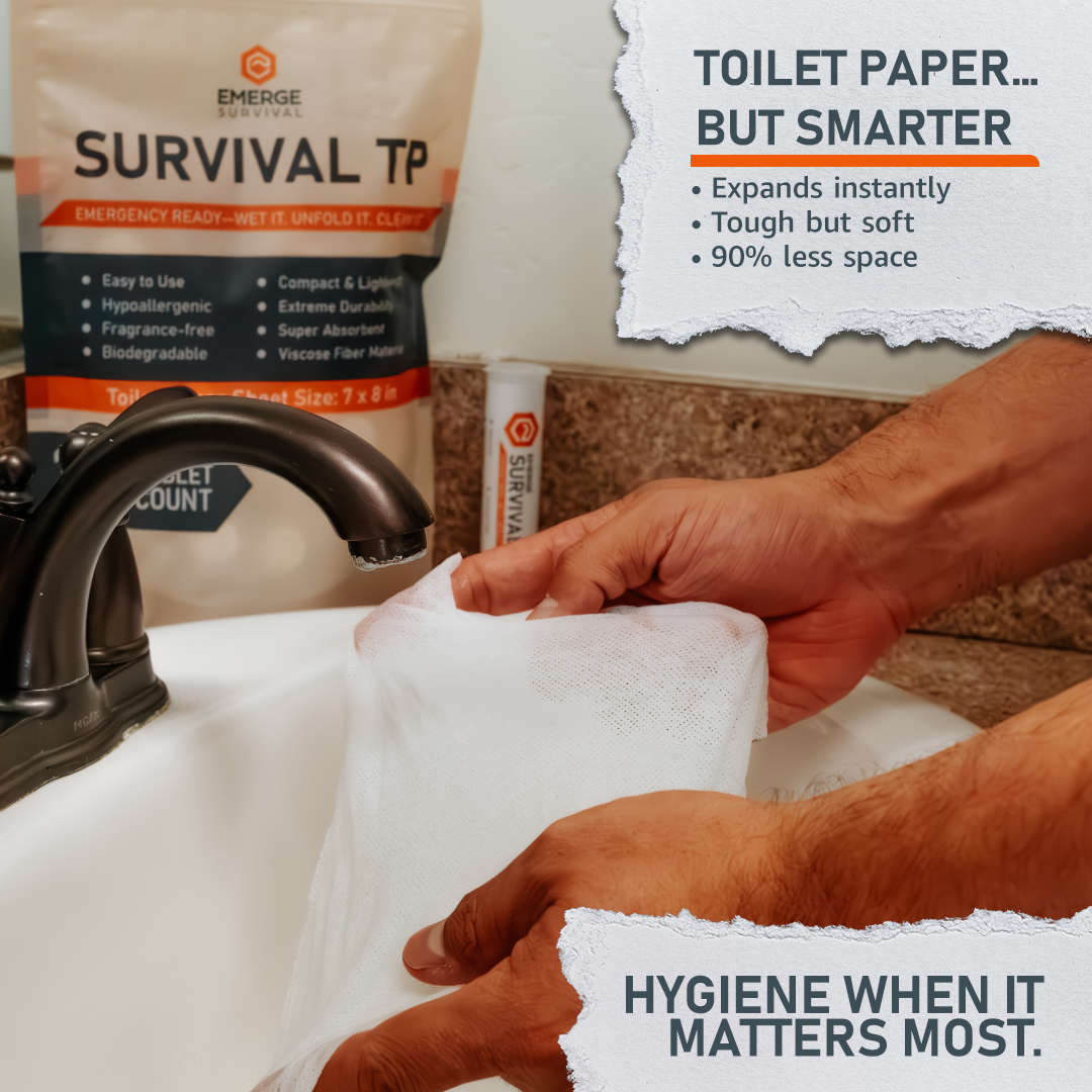 Emerge Survival toilet paper roll, eco-friendly and durable, suitable for emergency or outdoor survival use.