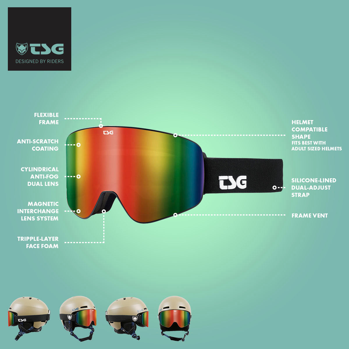 ZEITBIKE TSG Winter Goggle Four in one size, black frame with clear lens, designed for winter sports and outdoor activities.