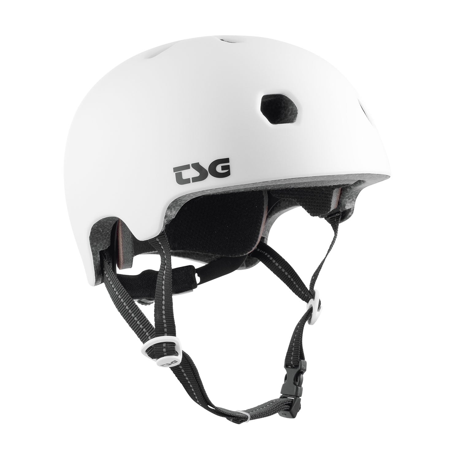 ZEITBIKE TSG Meta Helmet in white, featuring a sleek design and adjustable straps, designed for safety and comfort.