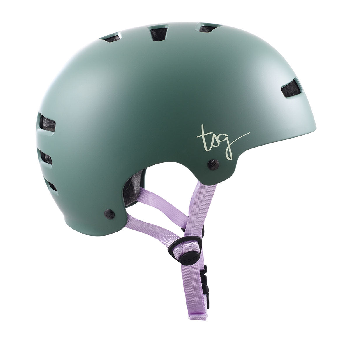 Green TSG Evolution Women's helmet by ZEITBIKE with vented design and adjustable straps, shown from front angle.