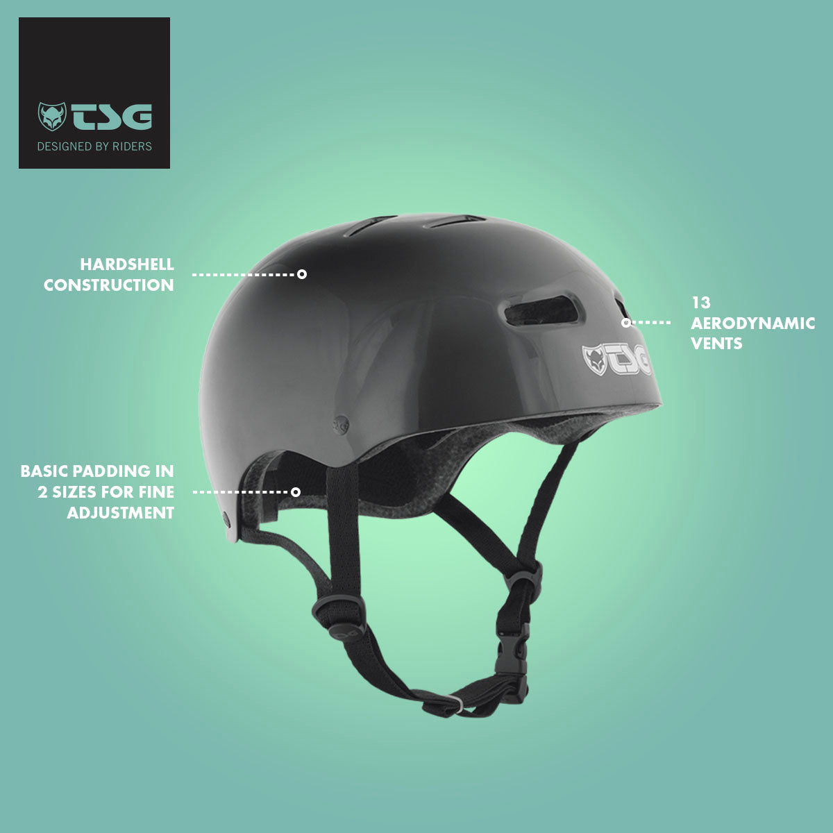 Black TSG skate and BMX helmet by ZEITBIKE with a sleek, injected design and adjustable straps, shown from the front angle.