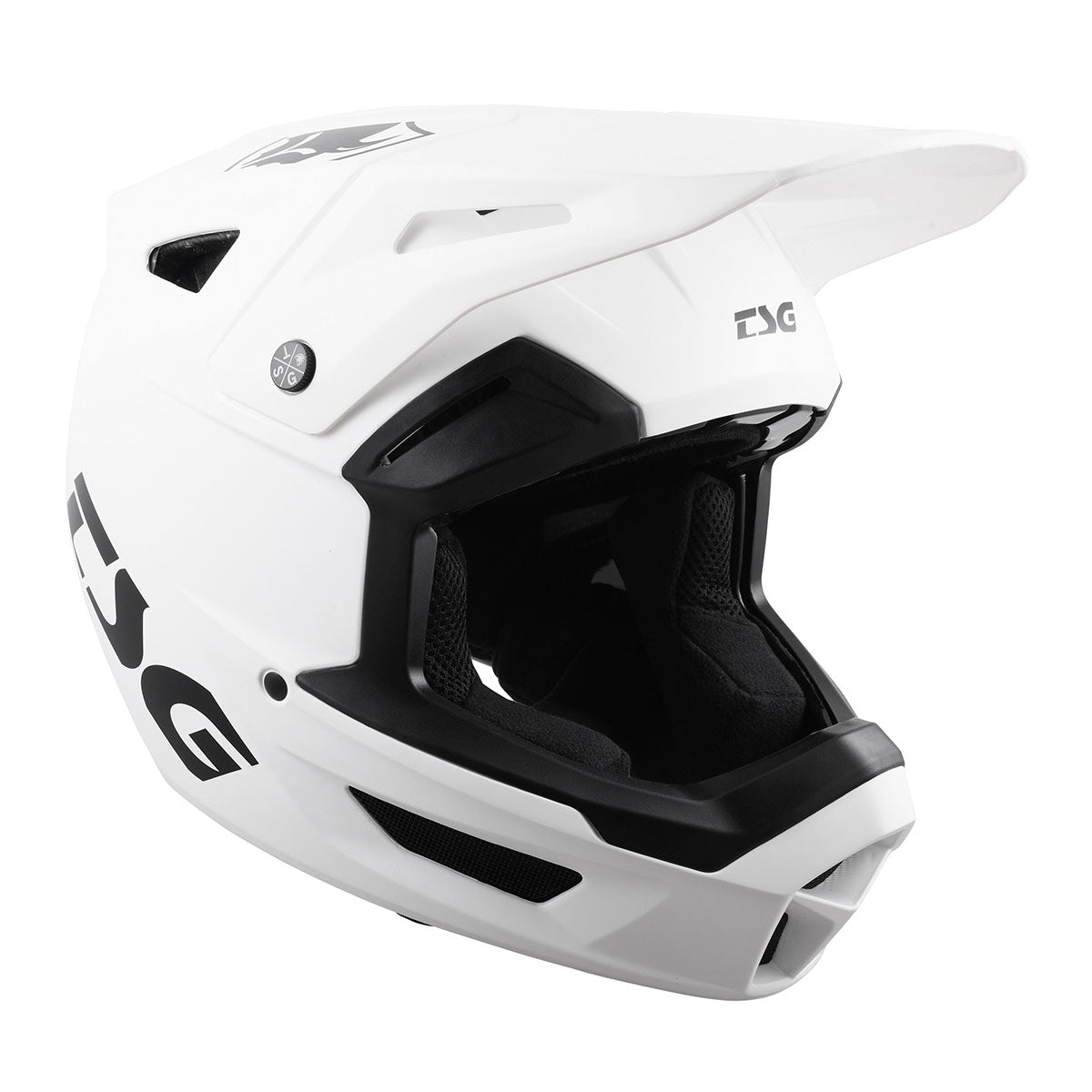 White TSG Sentinel full face downhill MTB helmet by ZEITBIKE, showing the helmet's sleek design and protective face guard.