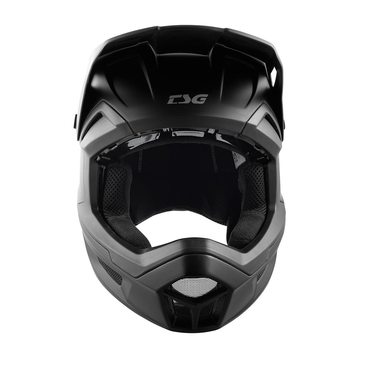Black TSG Sentinel downhill MTB helmet by ZEITBIKE with full face protection, shown from the side in a close-up view.