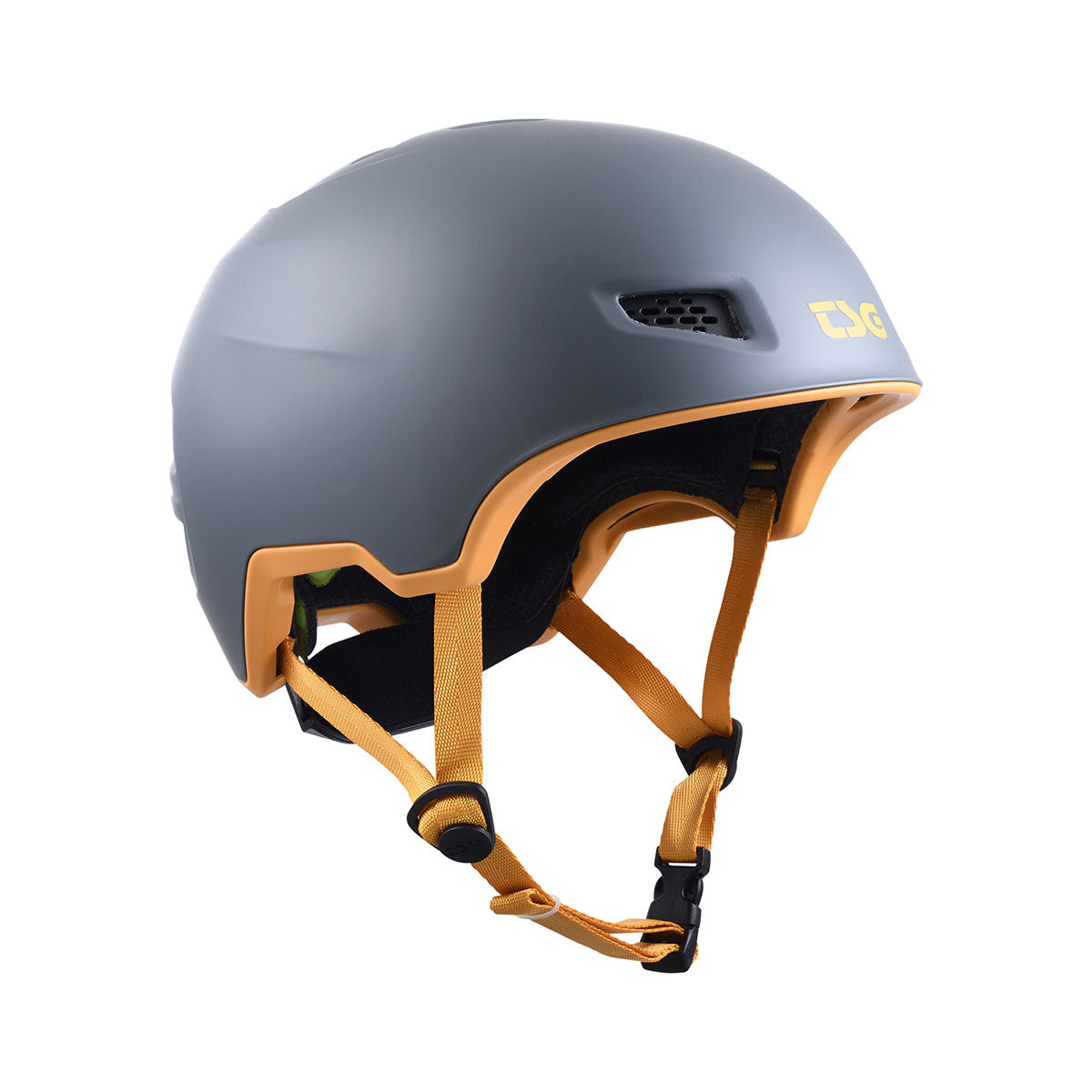 ZEITBIKE TSG All Terrain helmet with black and gray design, safety vents, and adjustable straps for mountain biking.
