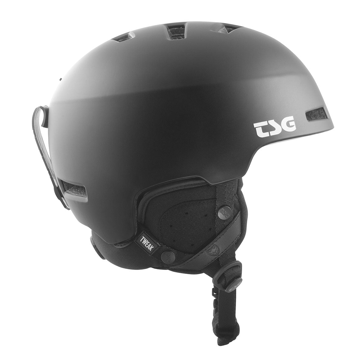 Black TSG Tweak ski and snowboard helmet with adjustable straps and ventilation, designed for safety and comfort.