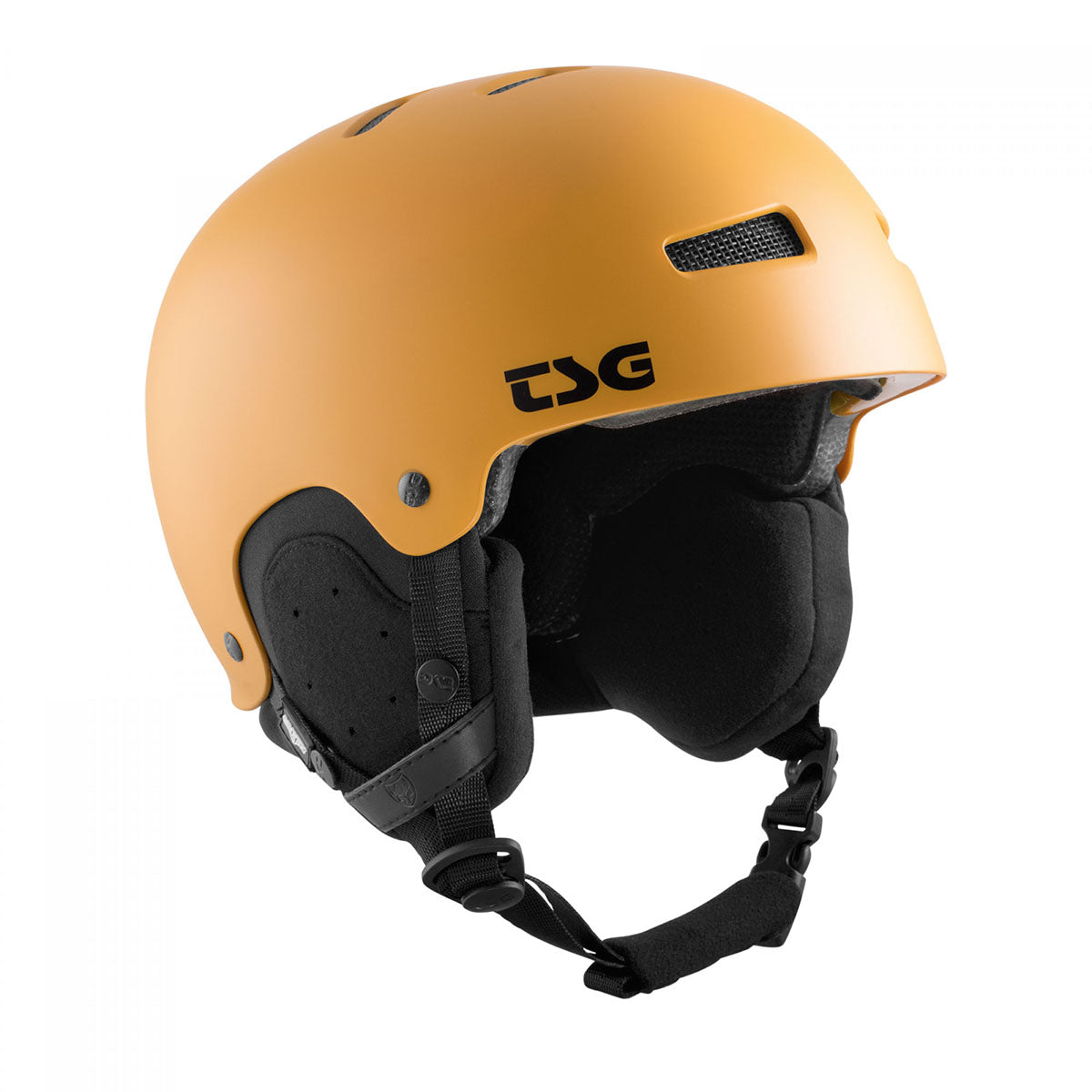 Yellow TSG Gravity ski and snowboard helmet by ZEITBIKE with adjustable straps and ventilation, shown from front view.