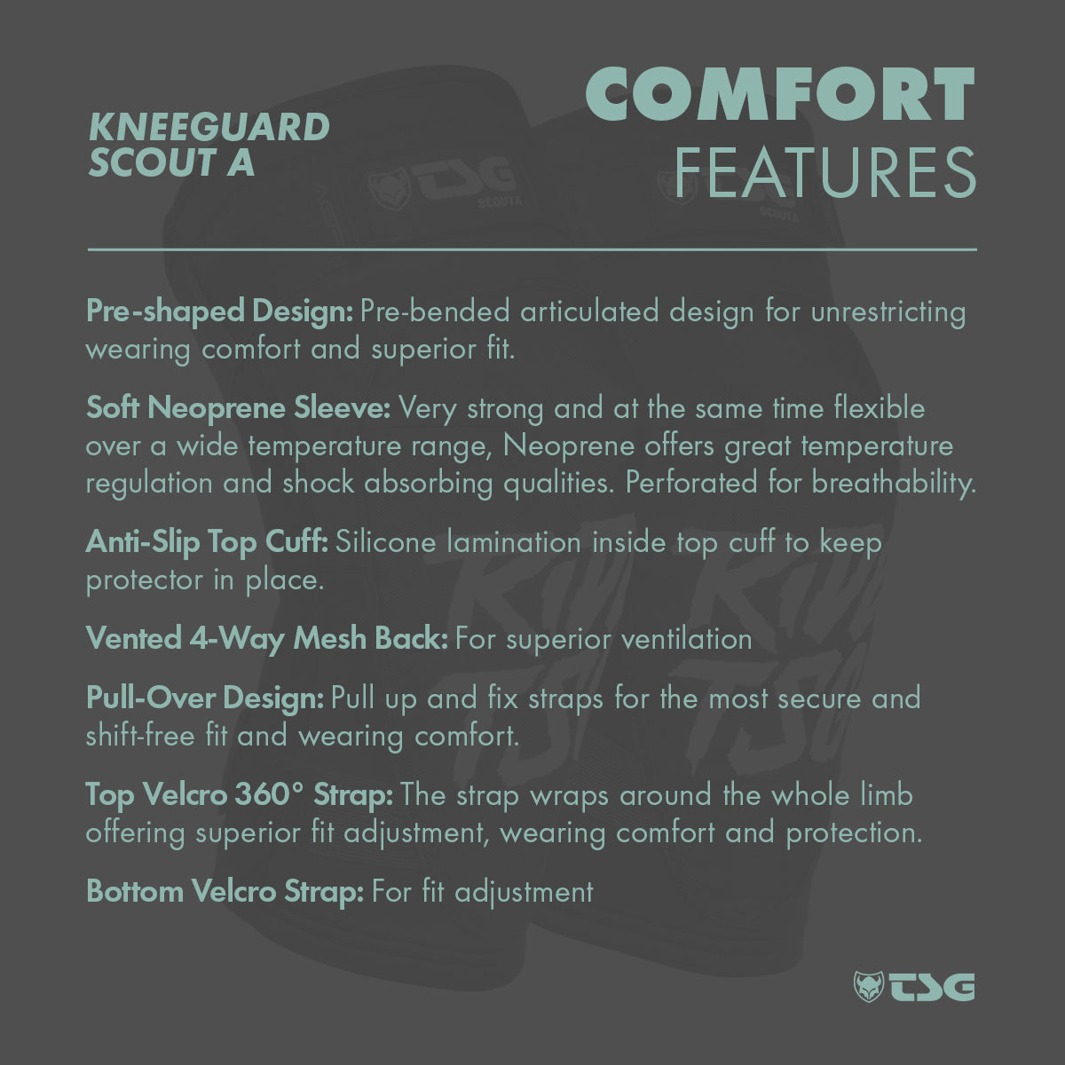 ZEITBIKE TSG Kneeguard Scout A protective pads with adjustable straps and foam padding for knee safety during outdoor activities.