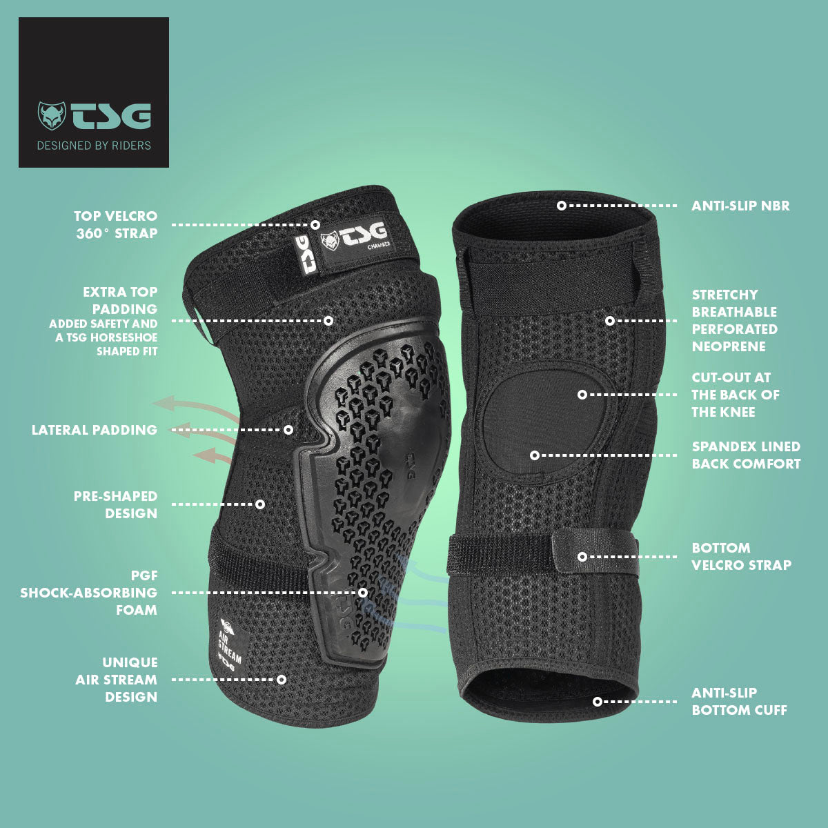 ZEITBIKE TSG Kneeguard Chamber protective pads in black with adjustable straps and padded design for enhanced knee protection.