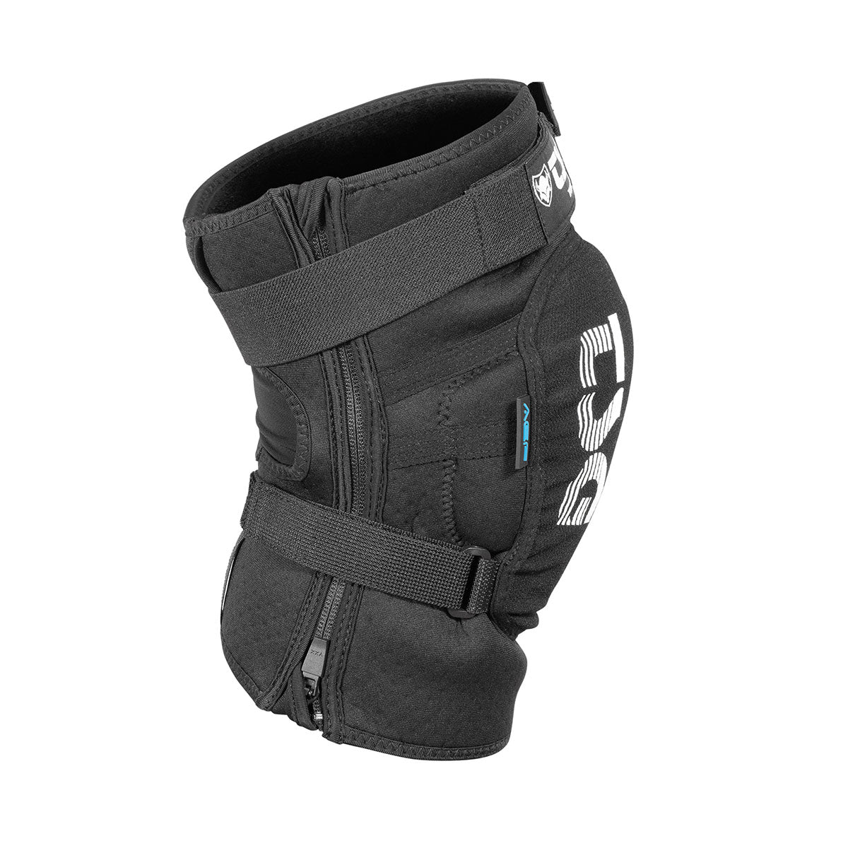 Black TSG Kneeguard Tahoe Zip A protective pad by ZEITBIKE, showing the padded knee brace with adjustable straps.