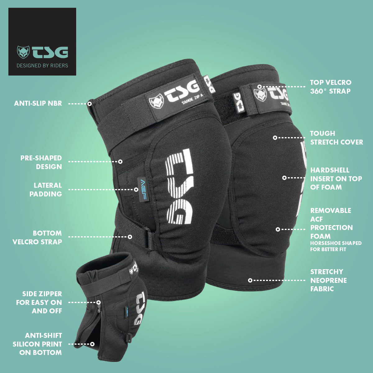 Zeitbike TSG Kneeguard Tahoe Zip A protective pads showing black knee pads with adjustable straps and zipper closure.