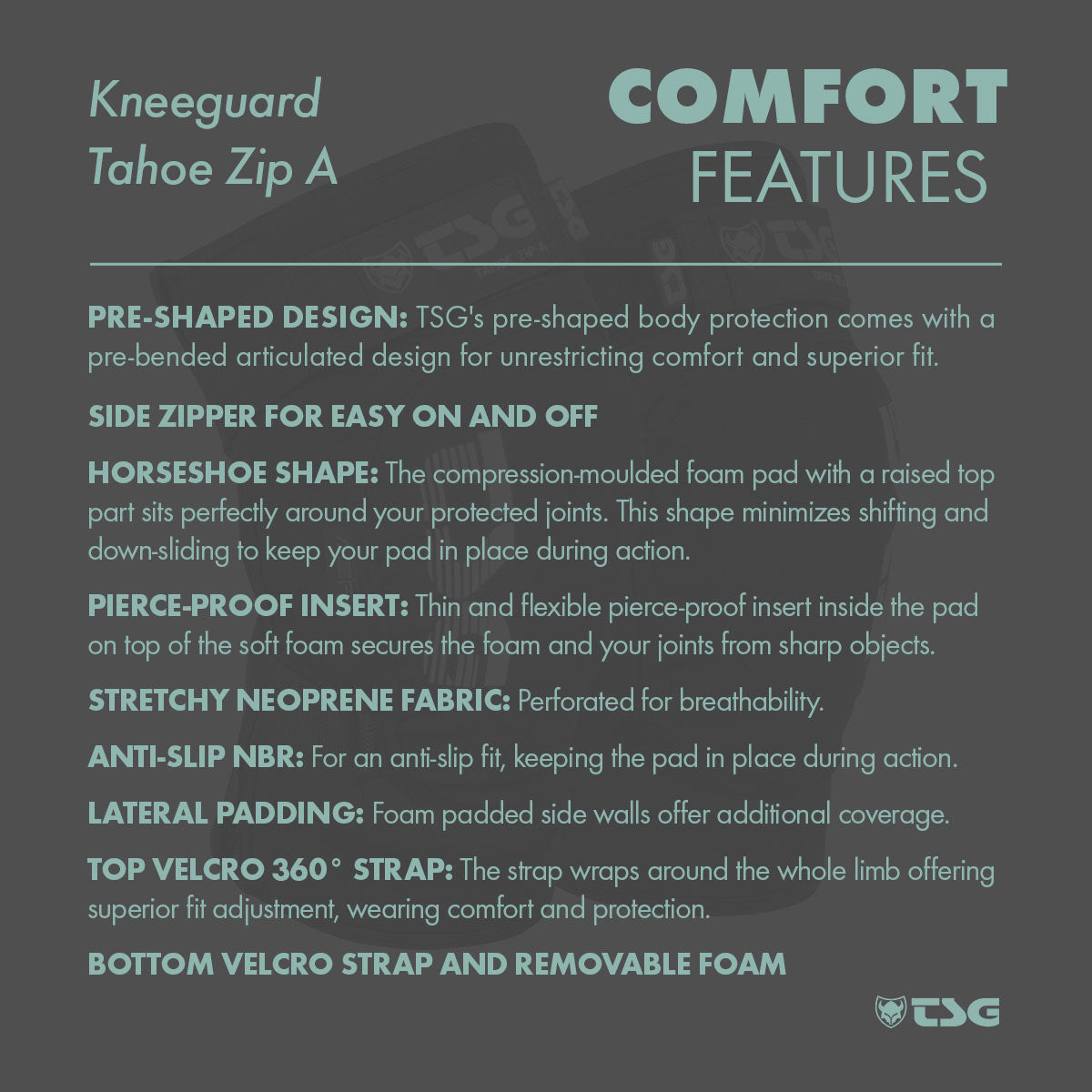ZEITBIKE TSG Kneeguard Tahoe Zip A protective pads with adjustable straps and padded comfort for cycling safety.