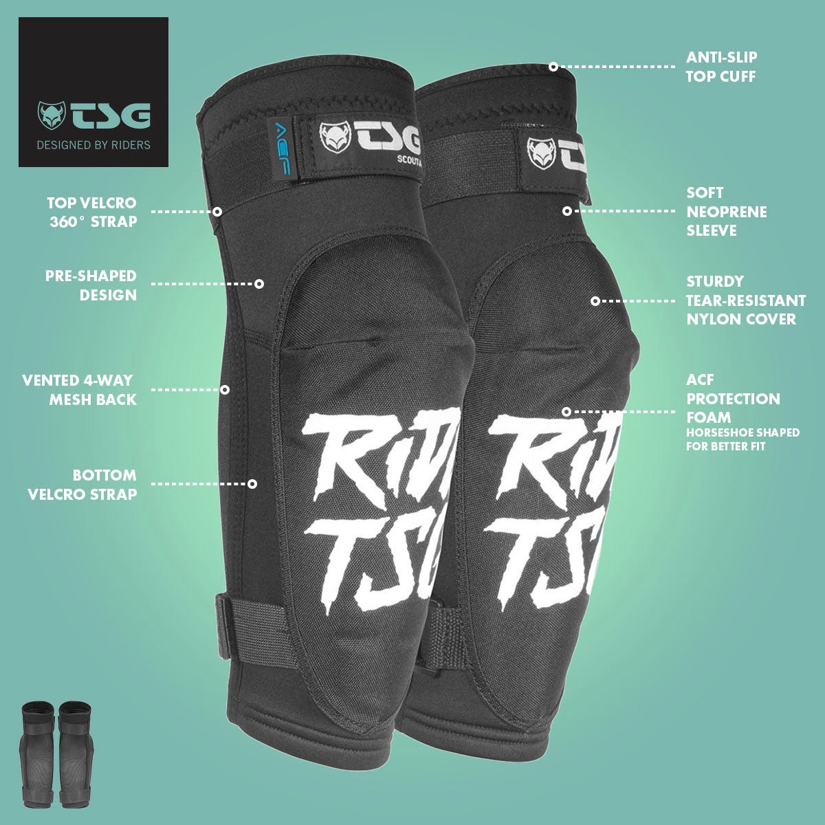 Black TSG Elbowguard Scout A protective pads by ZEITBIKE, showing the padded black elbow guard with adjustable straps.