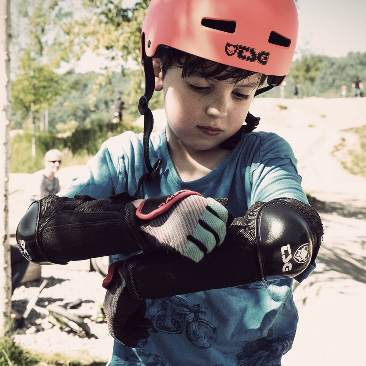 Yellow youth elbow protective pads by ZEITBIKE with adjustable straps and padded support for youth sports safety.