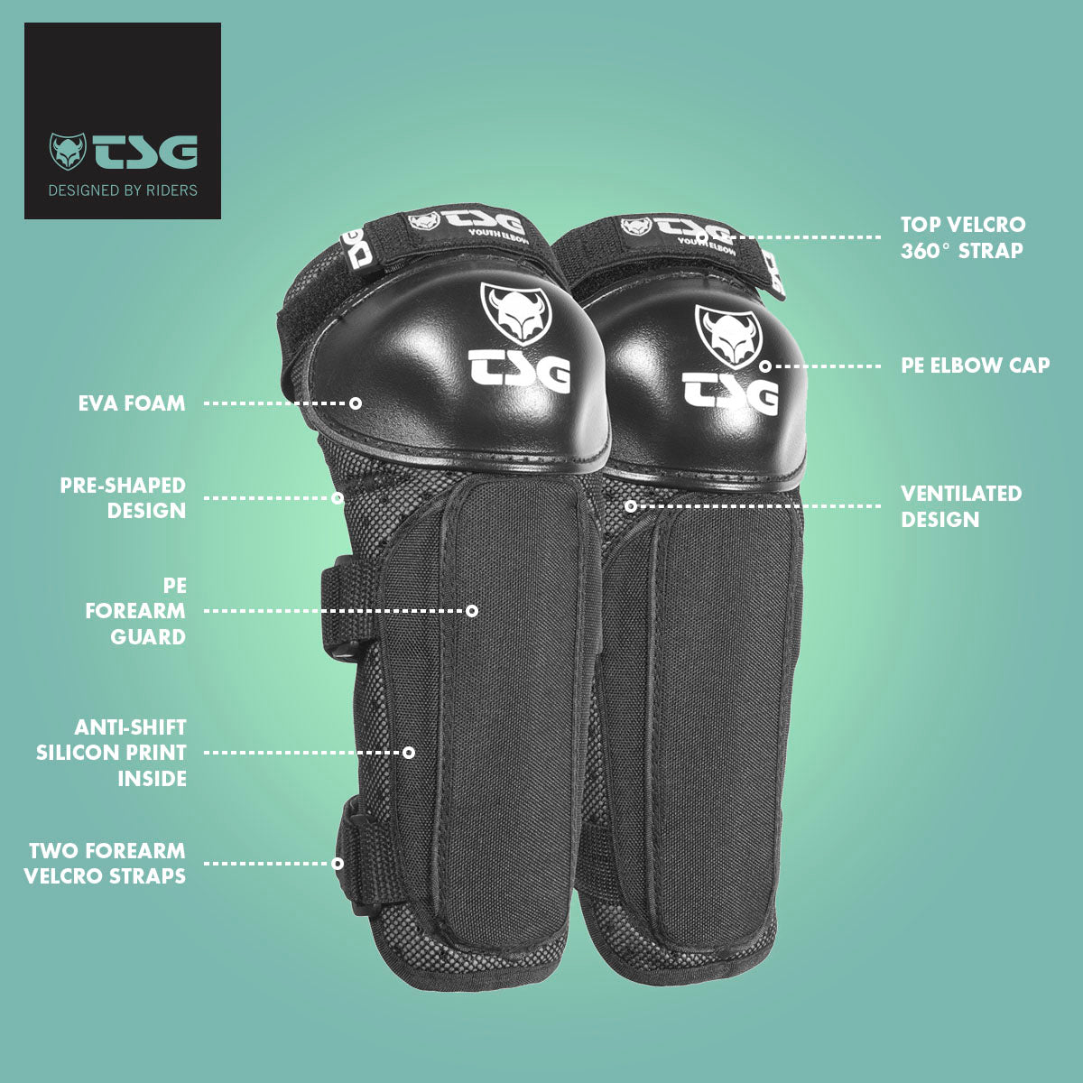 Youth TSG Elbow protective pads from ZEITBIKE, showing black and red padded elbow guards with adjustable straps and ventilation.