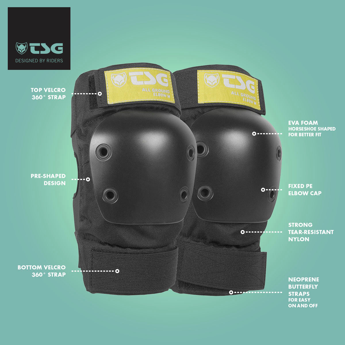 ZEITBIKE TSG Elbowpad All Ground protective pads in black with adjustable straps and foam padding for safety during sports.