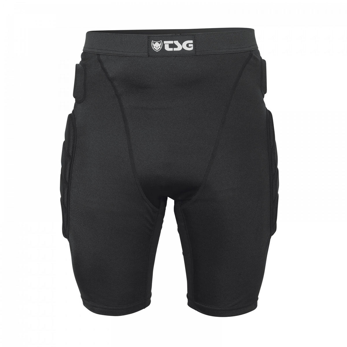 Black TSG protective crash pant shorts for all terrain biking, featuring padded armor for impact protection.