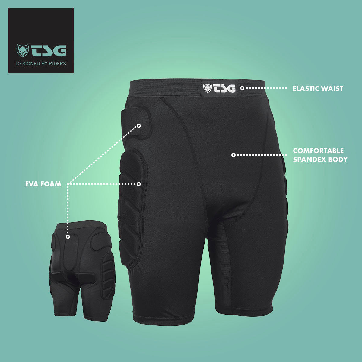 Black TSG protective crash pant shorts by ZEITBIKE designed for all-terrain riding with padded protection and durable construction.