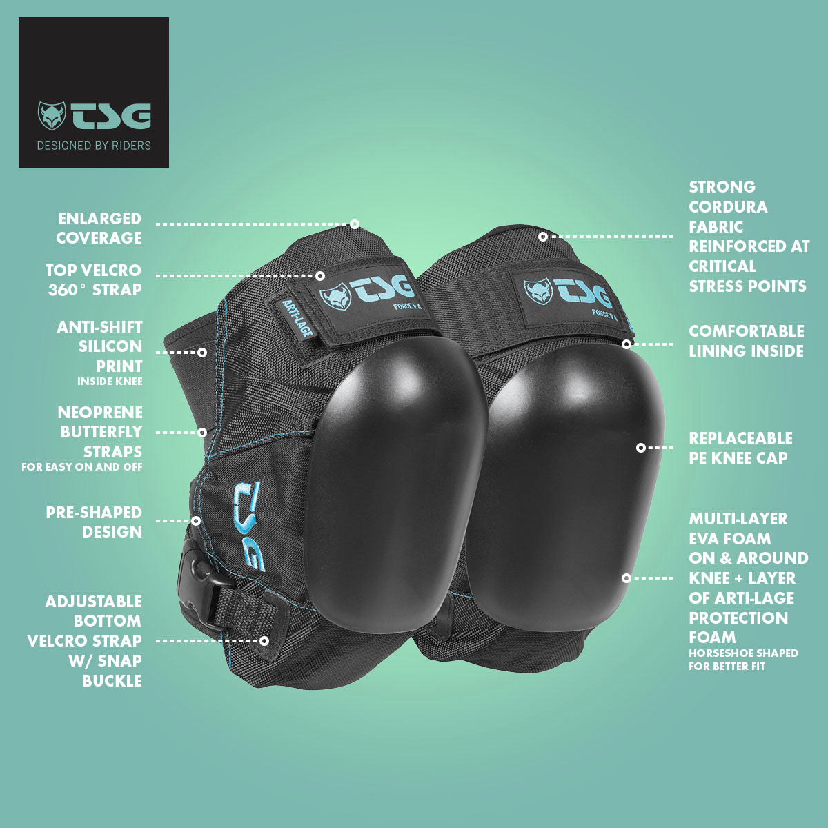 ZEITBIKE TSG Kneepad Force V A skate knee pads with adjustable straps and protective padding, designed for skateboarding safety.