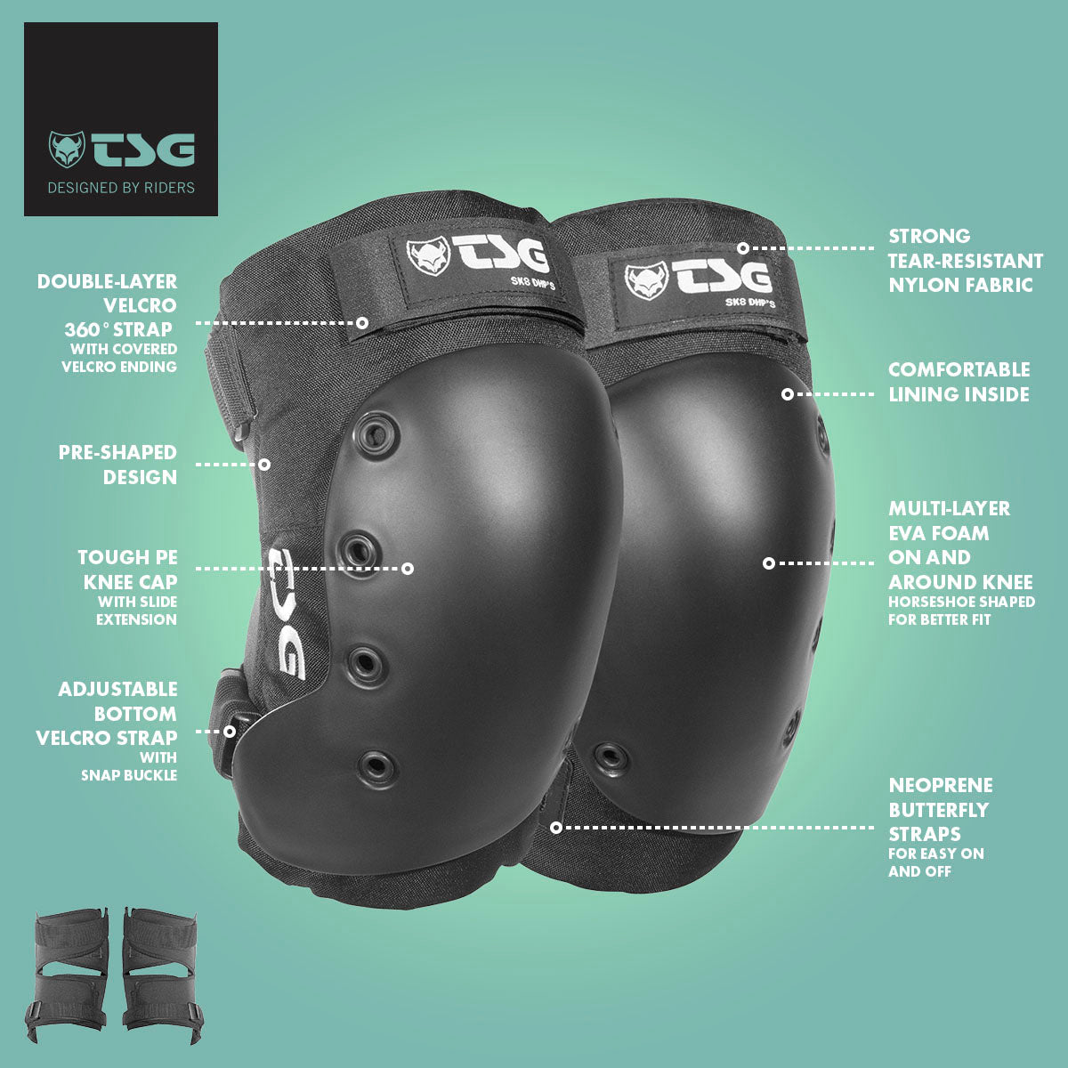 ZEITBIKE TSG Kneepad Sk8 DHP'S skate protective pads with adjustable straps and impact-resistant padding for skateboarding safety.