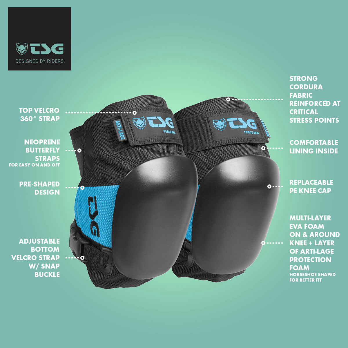 ZEITBIKE TSG Kneepad Force III A skate knee pads with adjustable straps and padded protection for skateboarding.