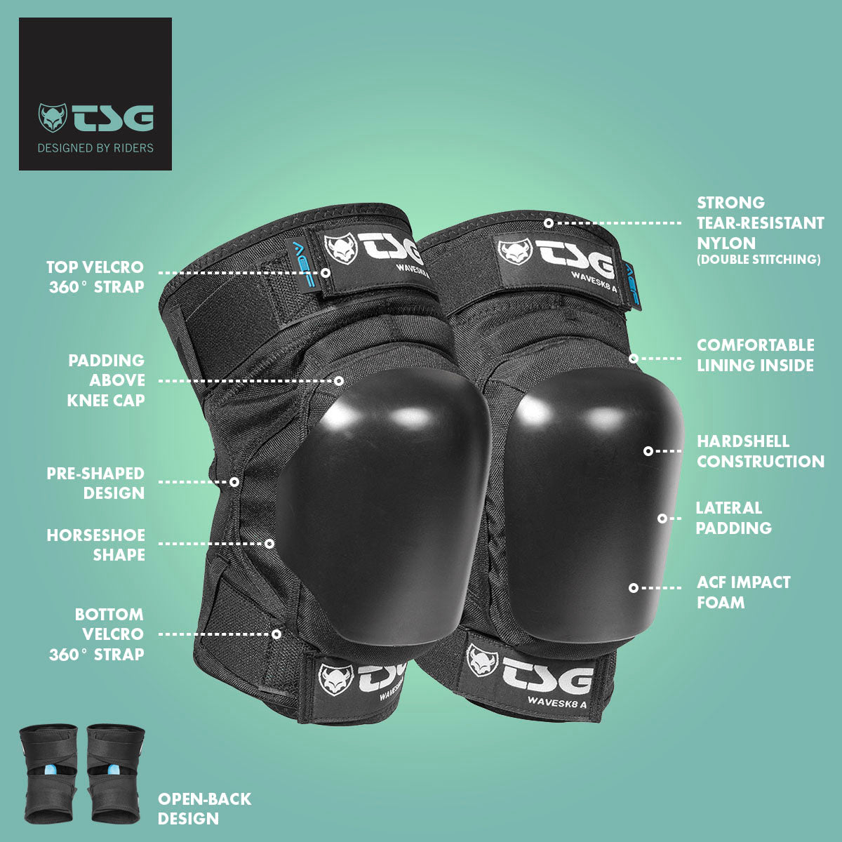 Black TSG Kneepad Wavesk8 A protective skate knee pads by ZEITBIKE with padded, durable construction for knee protection.