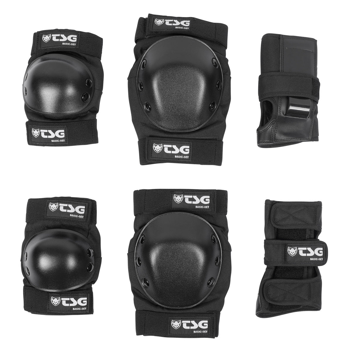 Black TSG Basic Set protective pads by ZEITBIKE, including knee, elbow, and wrist guards for skateboarding safety.