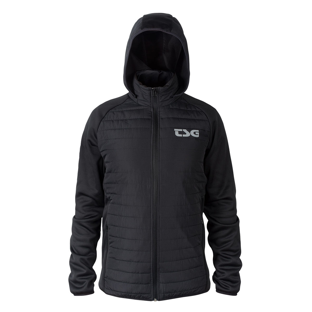 Black ZEITBIKE TSG insulation jacket for cycling, featuring a lightweight, insulated design with zippered pockets and adjustable hem.