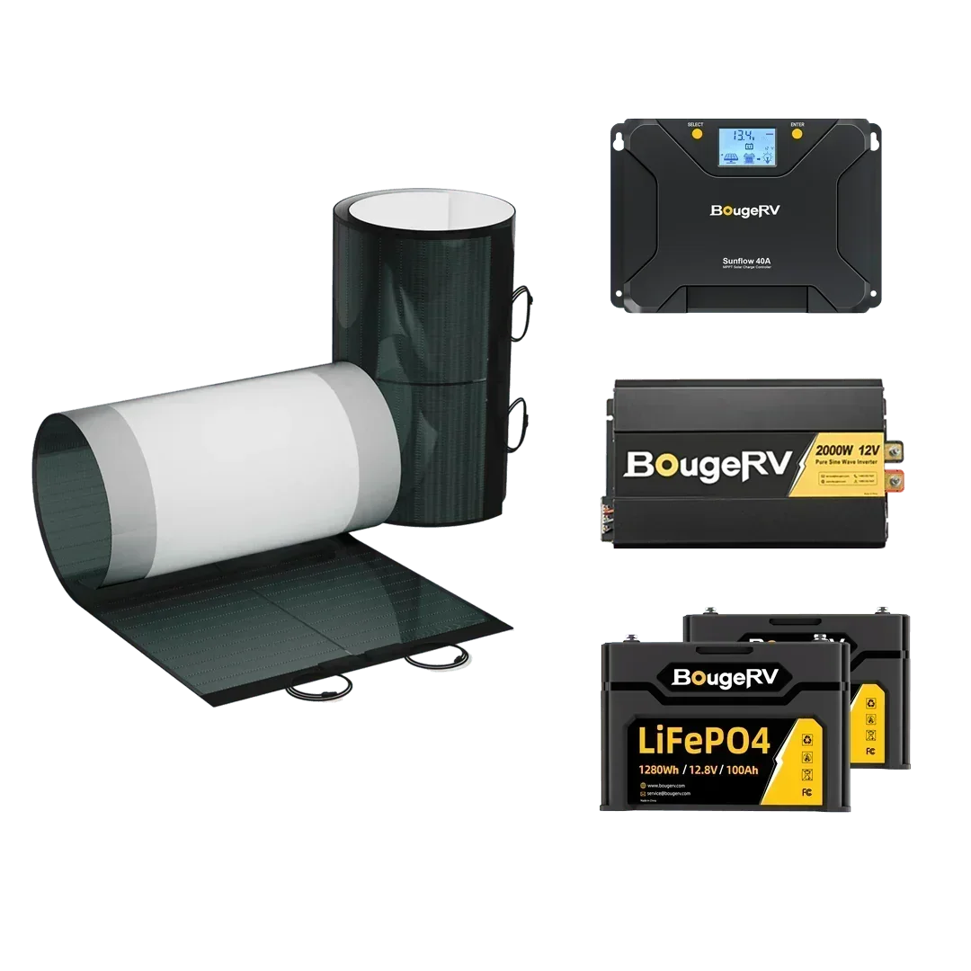 Green Vista Living 12V 400W CIGS flexible solar panel kit by BougeRV, showing lightweight, bendable solar panels for portable use.