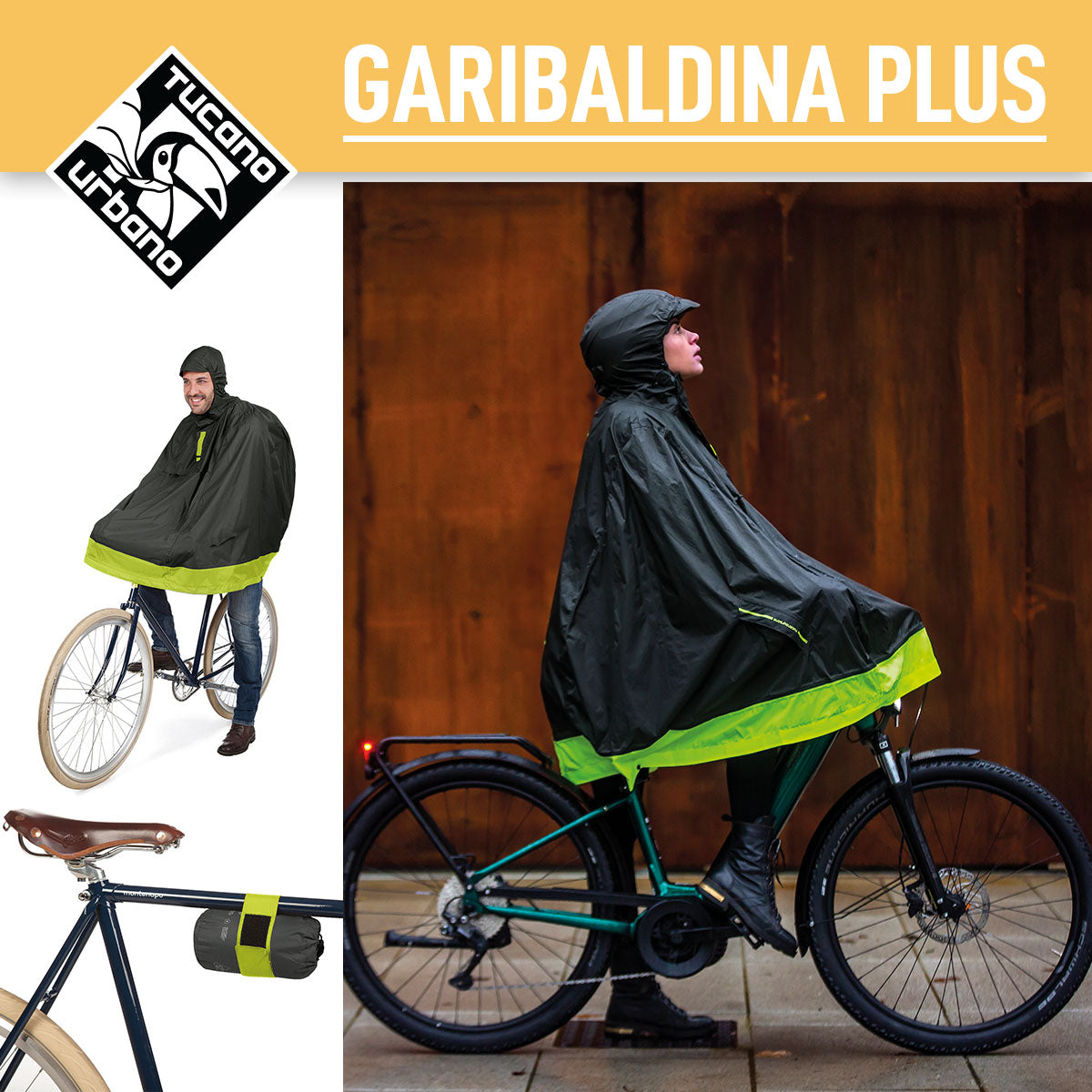 ZEITBIKE Tucano Urbano Garibalina Plus bicycle rain cape in airborne green, lightweight waterproof rain protection for cyclists.