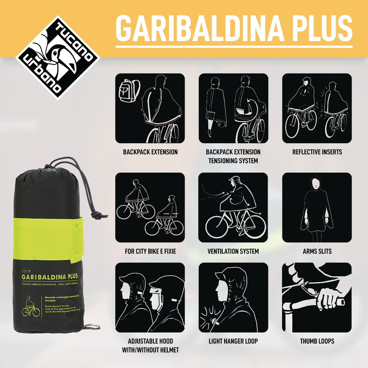 ZEITBIKE Tucano Urbano Garibalina Plus bicycle rain cape in airborne green, waterproof and lightweight for cycling protection.