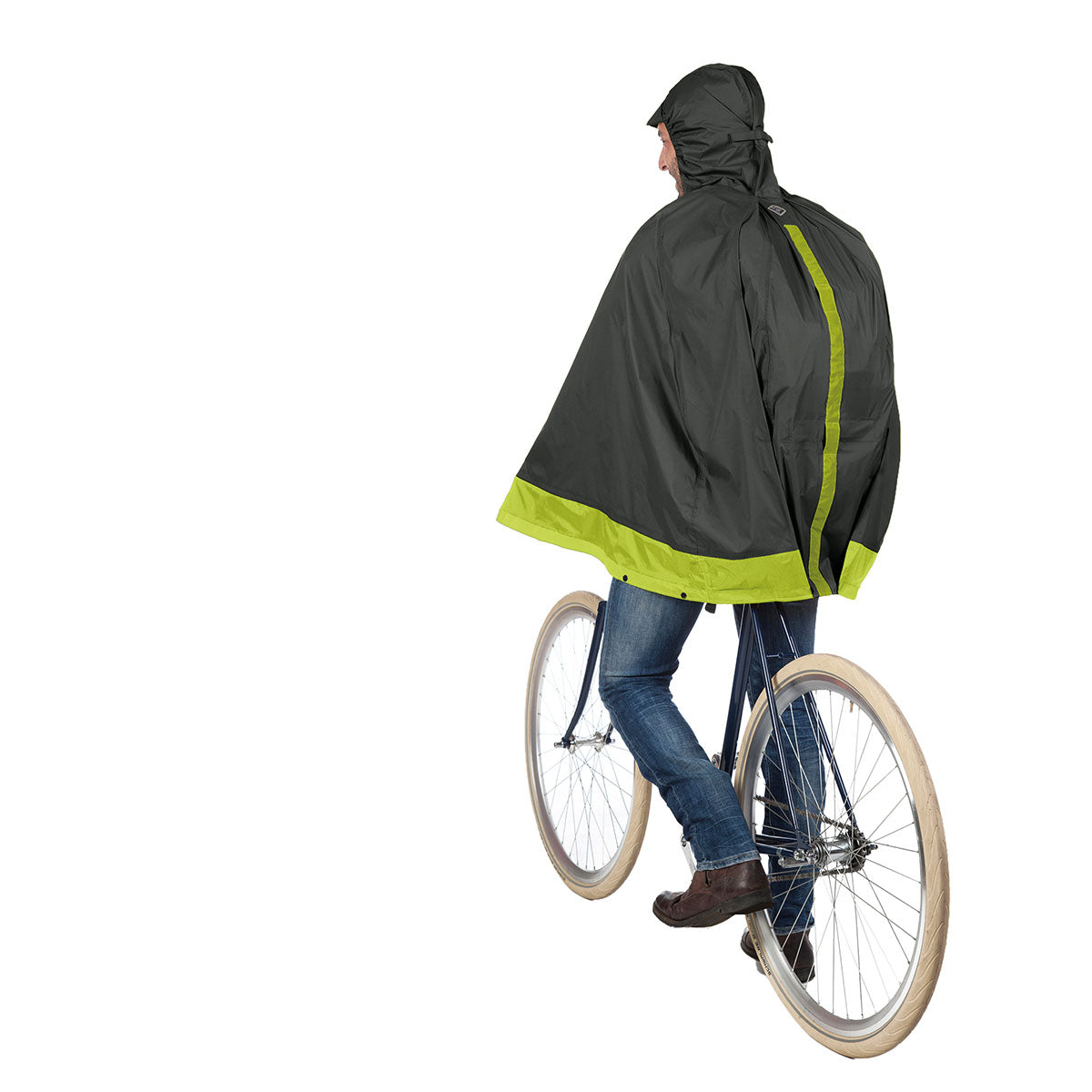 ZEITBIKE Tucano Urbano Garibaldina Plus bicycle rain cape in airborne green, shown draped over a bicycle in outdoor setting