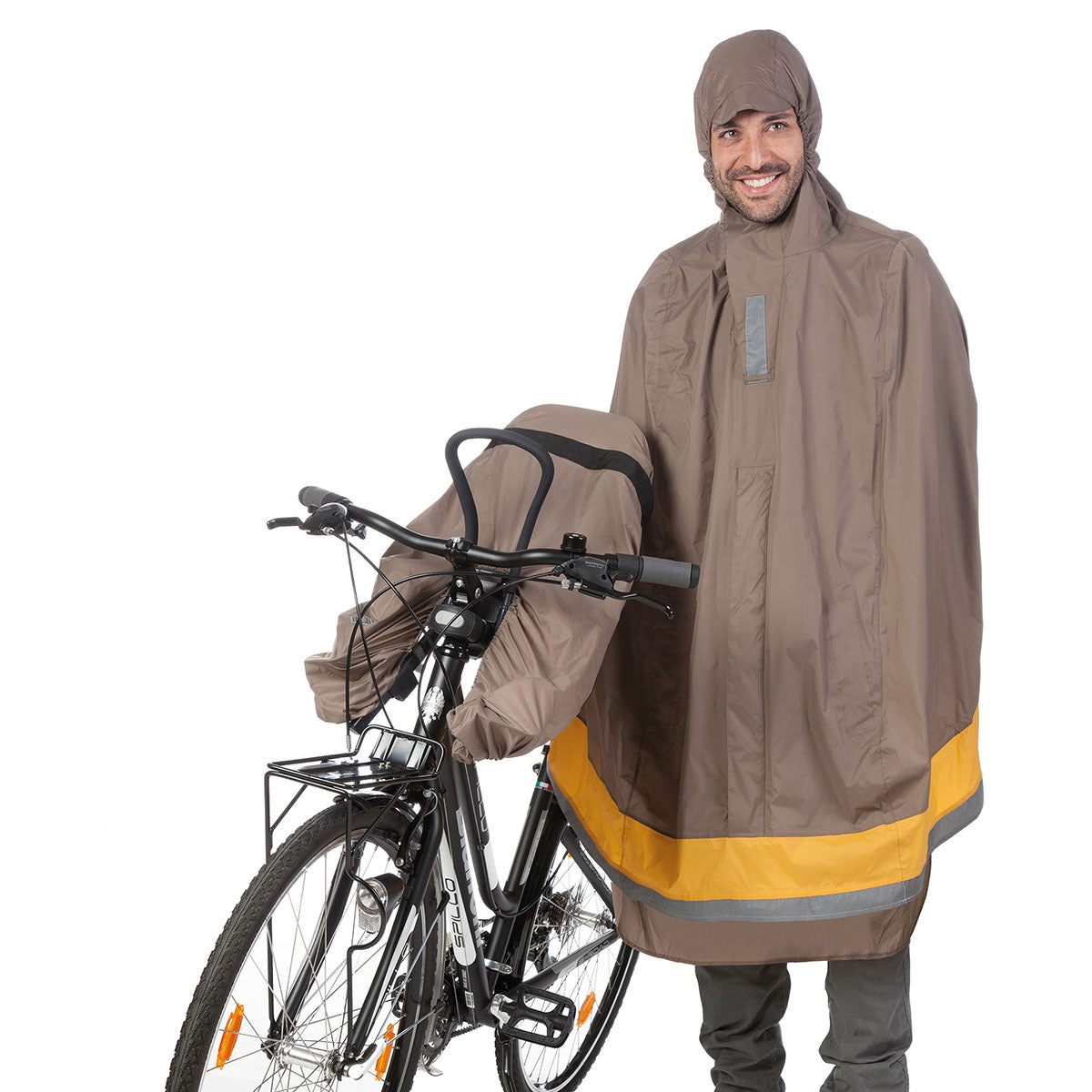 ZEITBIKE Tucano Urbano Garibalina Opossum dove-grey bicycle rain cape for weather protection, shown on a model.