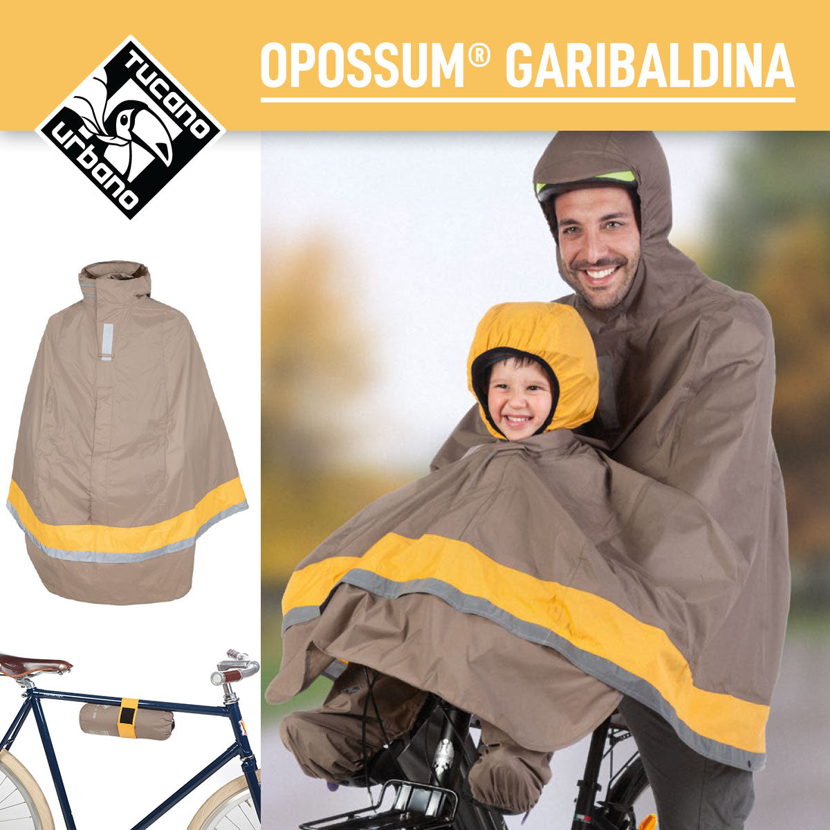 ZEITBIKE Tucano Urbano Garibaldi Opossum dove-grey bicycle rain cape, waterproof and lightweight for cycling in wet weather.