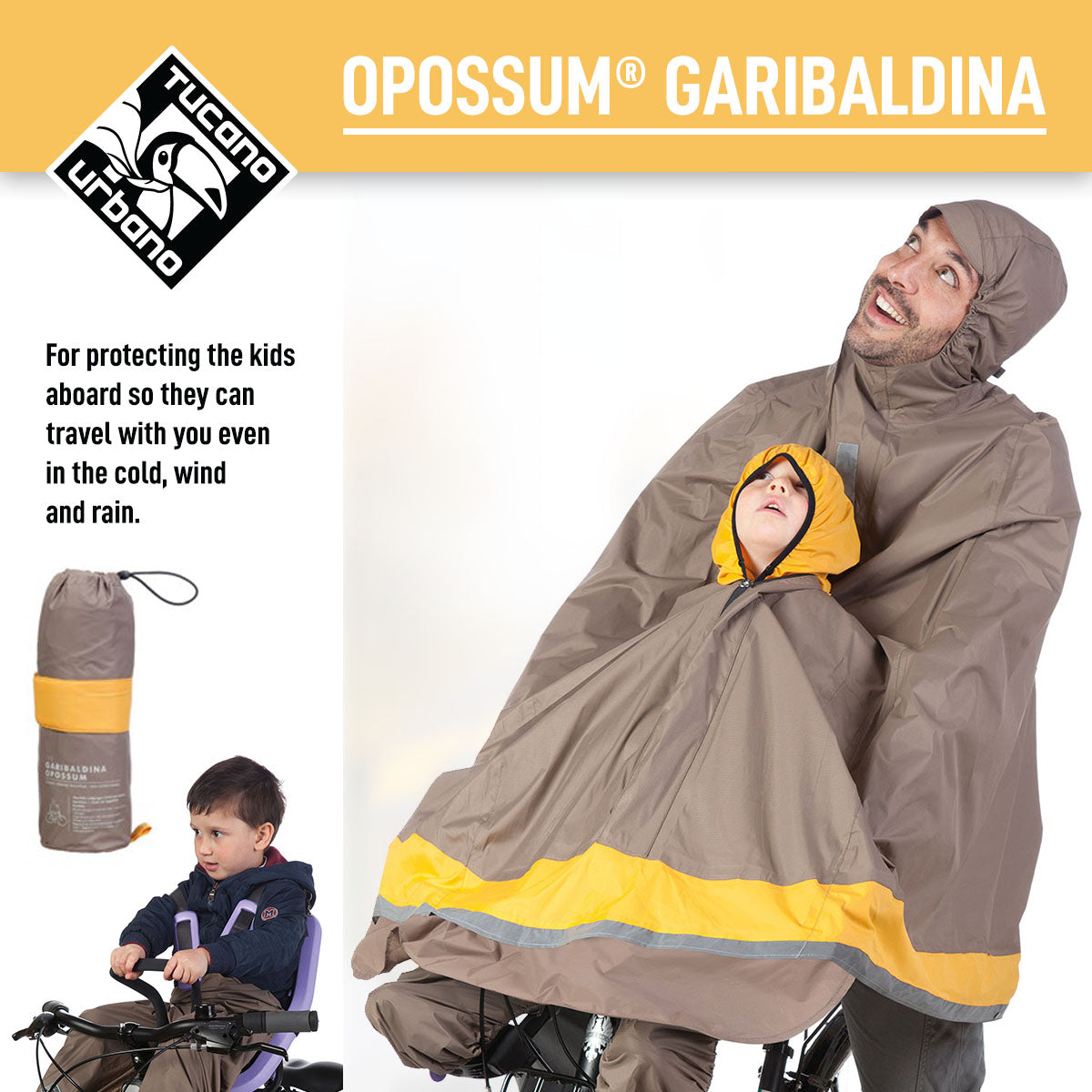 Zeitbike Tucano Urbano Garibalina Opossum dove-grey bicycle rain cape draped over a bike, showcasing waterproof design and lightweight fabric.