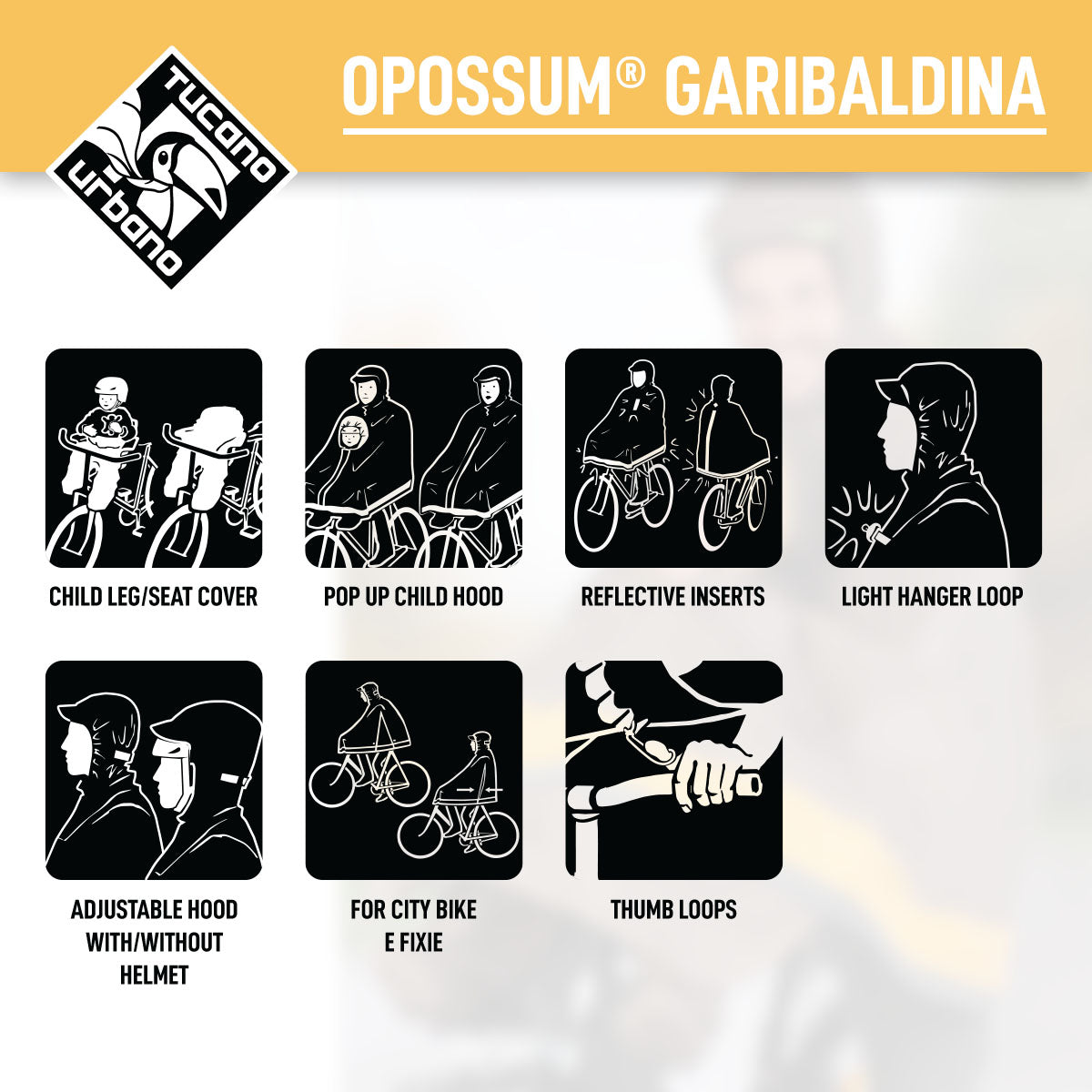 Zeitbike Tucano Urbano Garibalina Opossum dove-grey bicycle rain cape, waterproof and lightweight for cycling in wet weather.