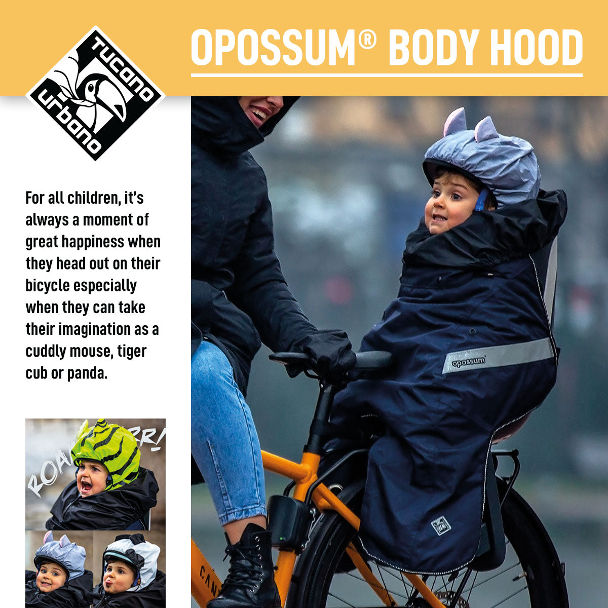 Rainproof cape body hood from Tucano Urbano, ZEITBIKE OPOSSUM® body hood, shown in a close-up image with waterproof material and hood design.