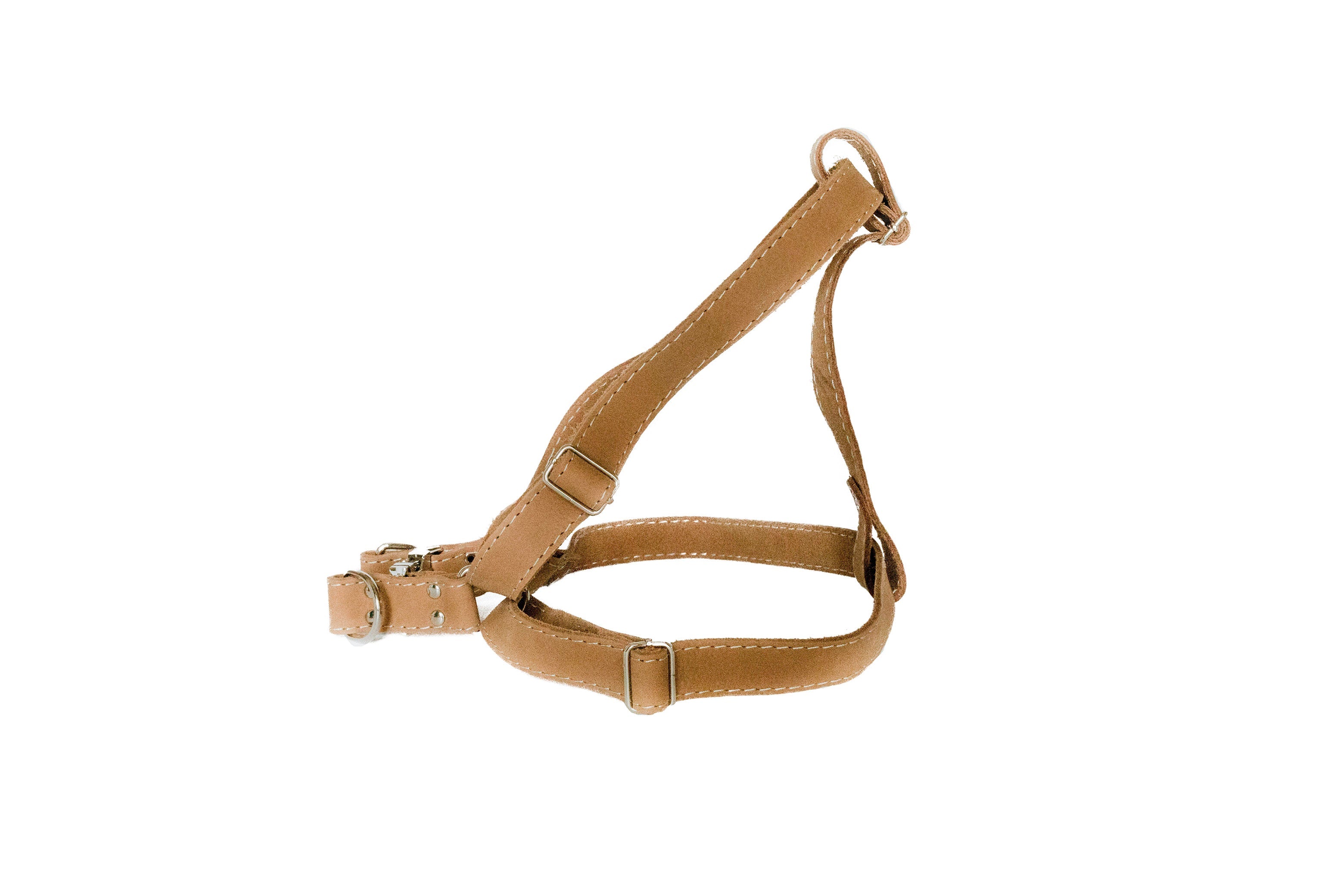 Tan leather dog harness from Euro-Dog Collars and Leads, a comfortable step-in harness for pets.