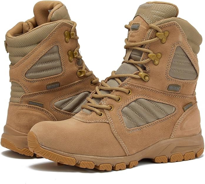 Tan Magnum Storm 8-inch desert military tactical waterproof boot with rugged design and reinforced toe protection.