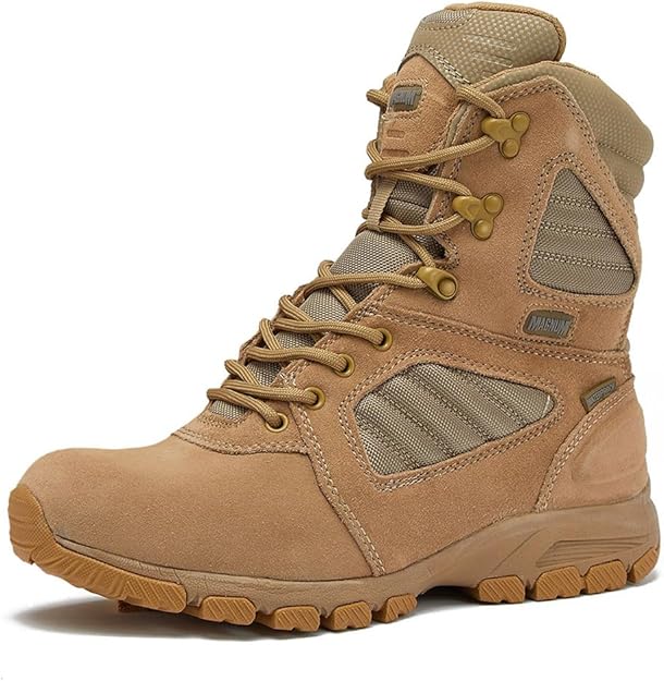 Tan Magnum Storm 8-inch desert military tactical boot with waterproof design and rugged construction, ideal for tactical use.