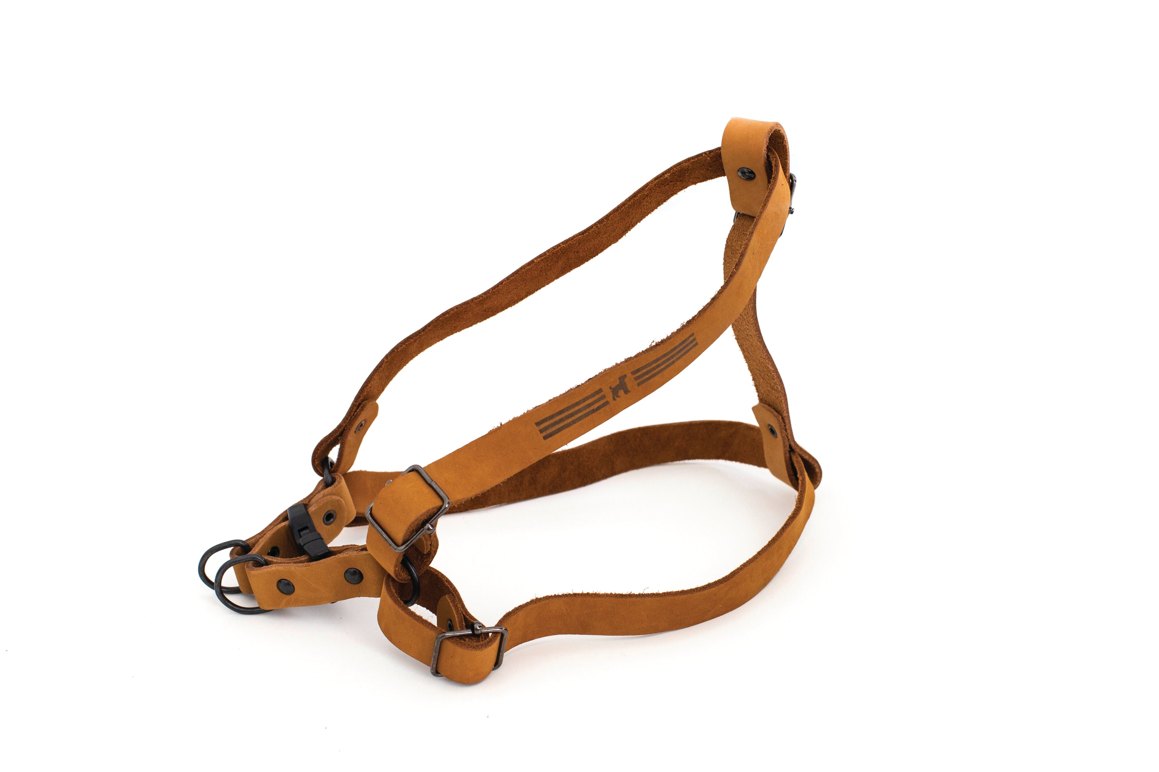 Tan leather step-in dog harness by Euro-Dog, designed for comfort and style, featuring a sleek, sporty design.