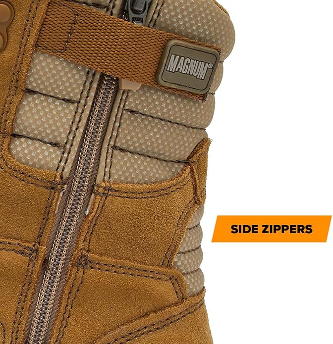 Tan Magnum Boots MAG SHIELD suede leather 8-inch work boot with waterproof features and rugged sole.