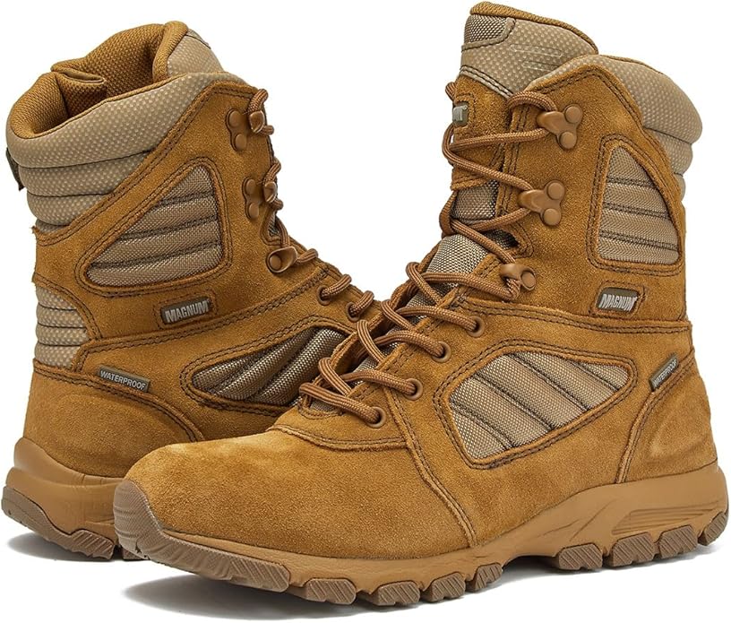 Magnum Boots MAG SHIELD suede leather 8-inch work boot in tan, waterproof with sturdy sole and reinforced toe for safety.