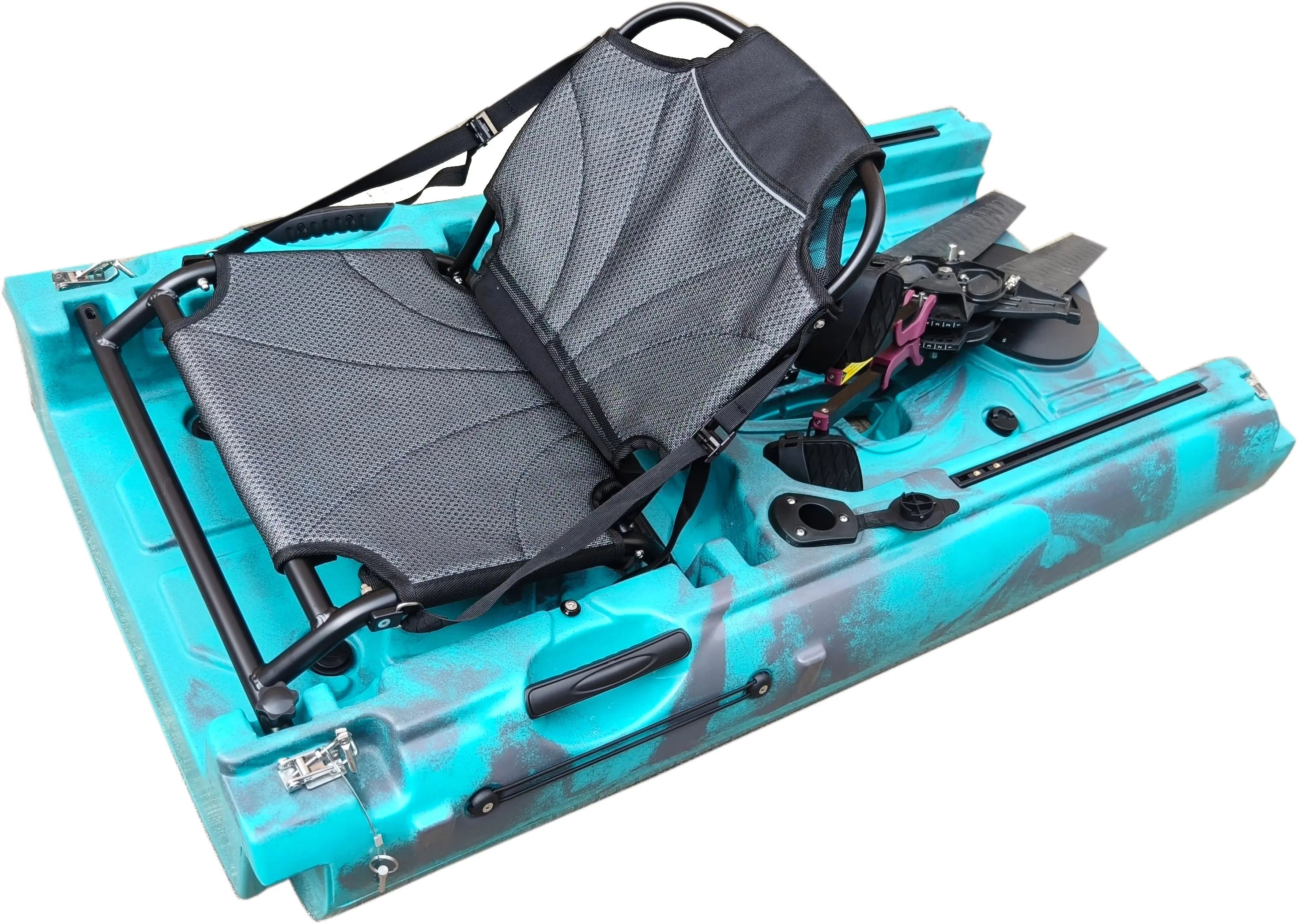ReelYaks modular kayak middle expansion section for tandem conversion, showing the connection point on a tandem kayak.