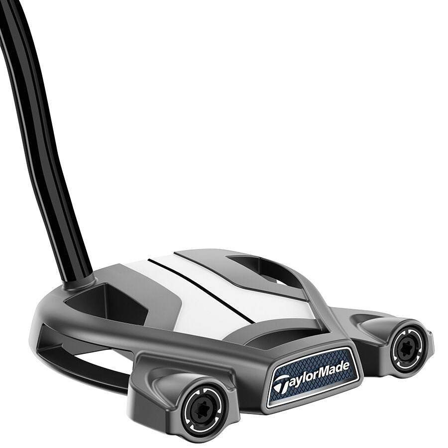 TaylorMade Spider Tour Double Bend Putter with black finish and aligned grip, designed for stability and precision on the green.
